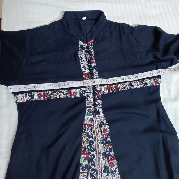 Women's Navy Blue Double Layered Printed Rayon Mandarin Collar Long Kurta - Picture 9 of 9